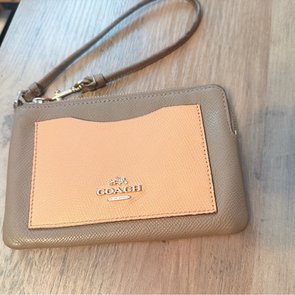 Coach Corner Zip Colorblock Wristlet Fog Multi Gray & Soft Pink Leather